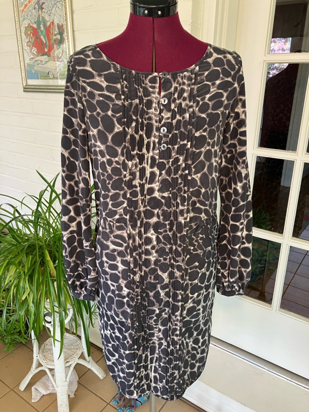 Charlie Jade | Silk Black & Cream Animal-Spot Button-Front Midi Dress | XS